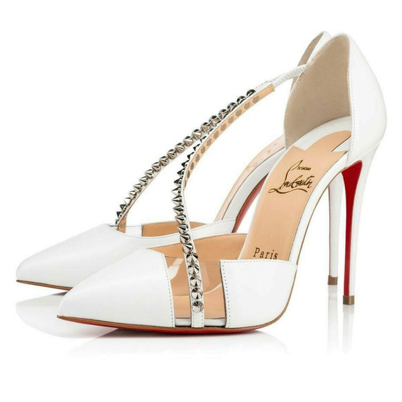 Christian Louboutin Spike Cross 100 White PVC Silver Criss Strap Heel Pump 42